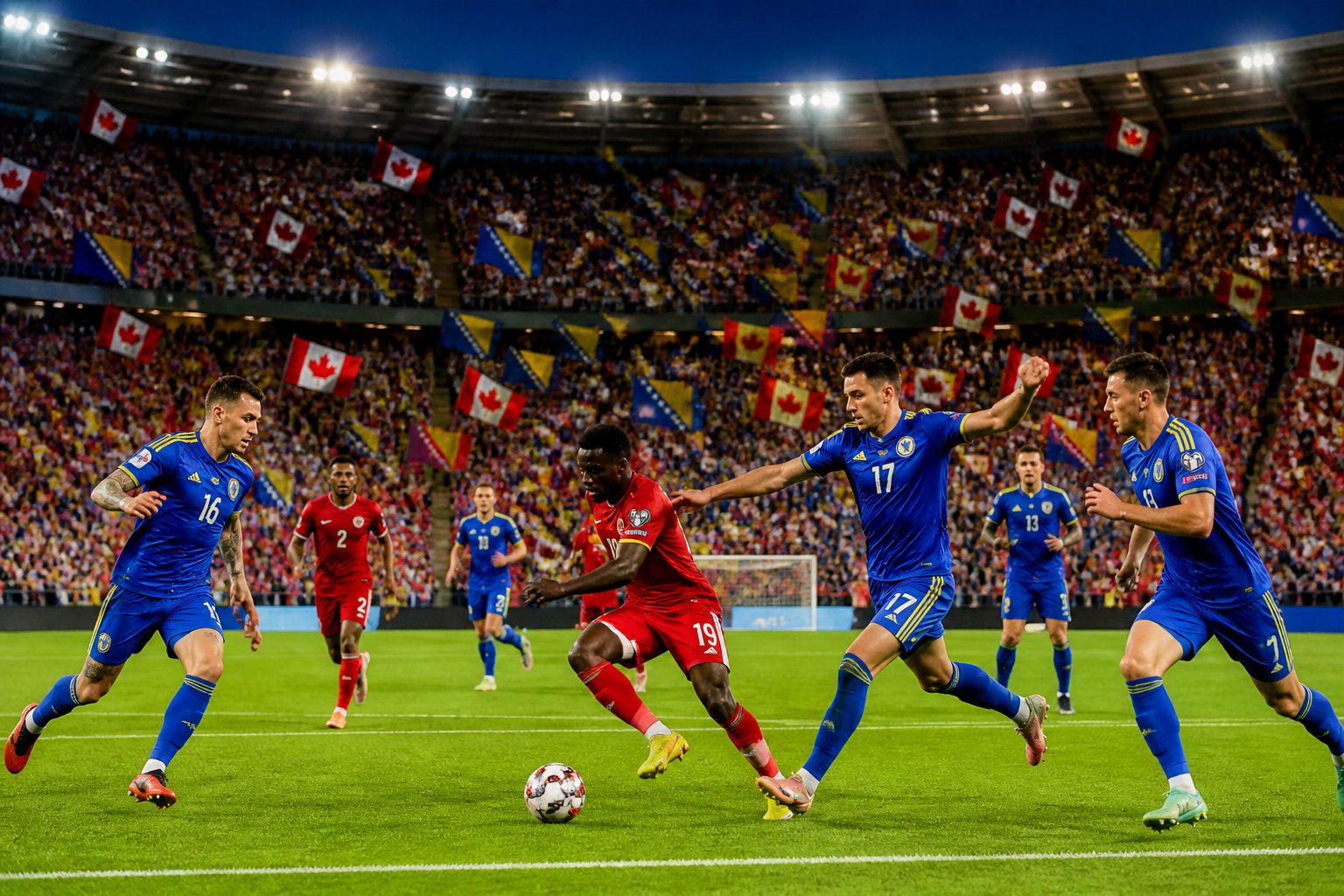 Kanada ve Bosna Hersek takımlarının maç yaptığı, kalabalık ve coşkulu bir stadyumda futbolcuların mücadele ettiği bir sahne.