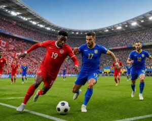 Kanada ve Bosna Hersek arasında bir Dünya Kupası futbol maçı sırasında, kalabalık bir stadyumda sahada mücadele eden futbolcular ve tribünlerde takım renkleriyle destek veren taraftarlar.