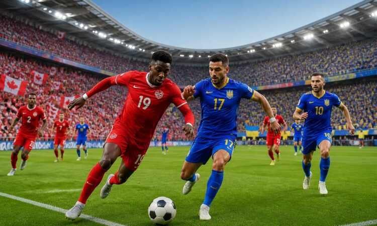 Kanada ve Bosna Hersek arasında bir Dünya Kupası futbol maçı sırasında, kalabalık bir stadyumda sahada mücadele eden futbolcular ve tribünlerde takım renkleriyle destek veren taraftarlar.