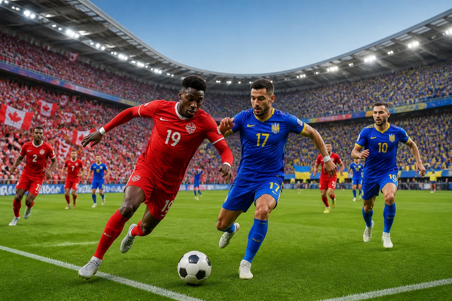Kanada ve Bosna Hersek arasında bir Dünya Kupası futbol maçı sırasında, kalabalık bir stadyumda sahada mücadele eden futbolcular ve tribünlerde takım renkleriyle destek veren taraftarlar.