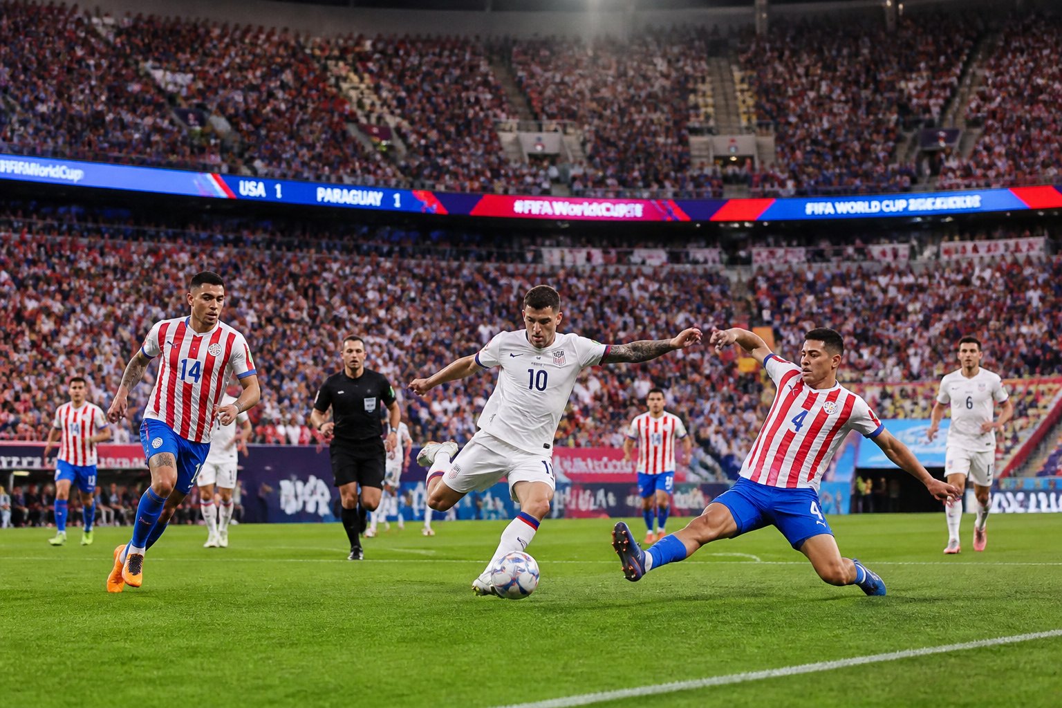 ABD ve Paraguay takımları arasında bir Dünya Kupası maçında sahada mücadele eden futbolcular ve tribünlerde tezahürat yapan seyirciler.