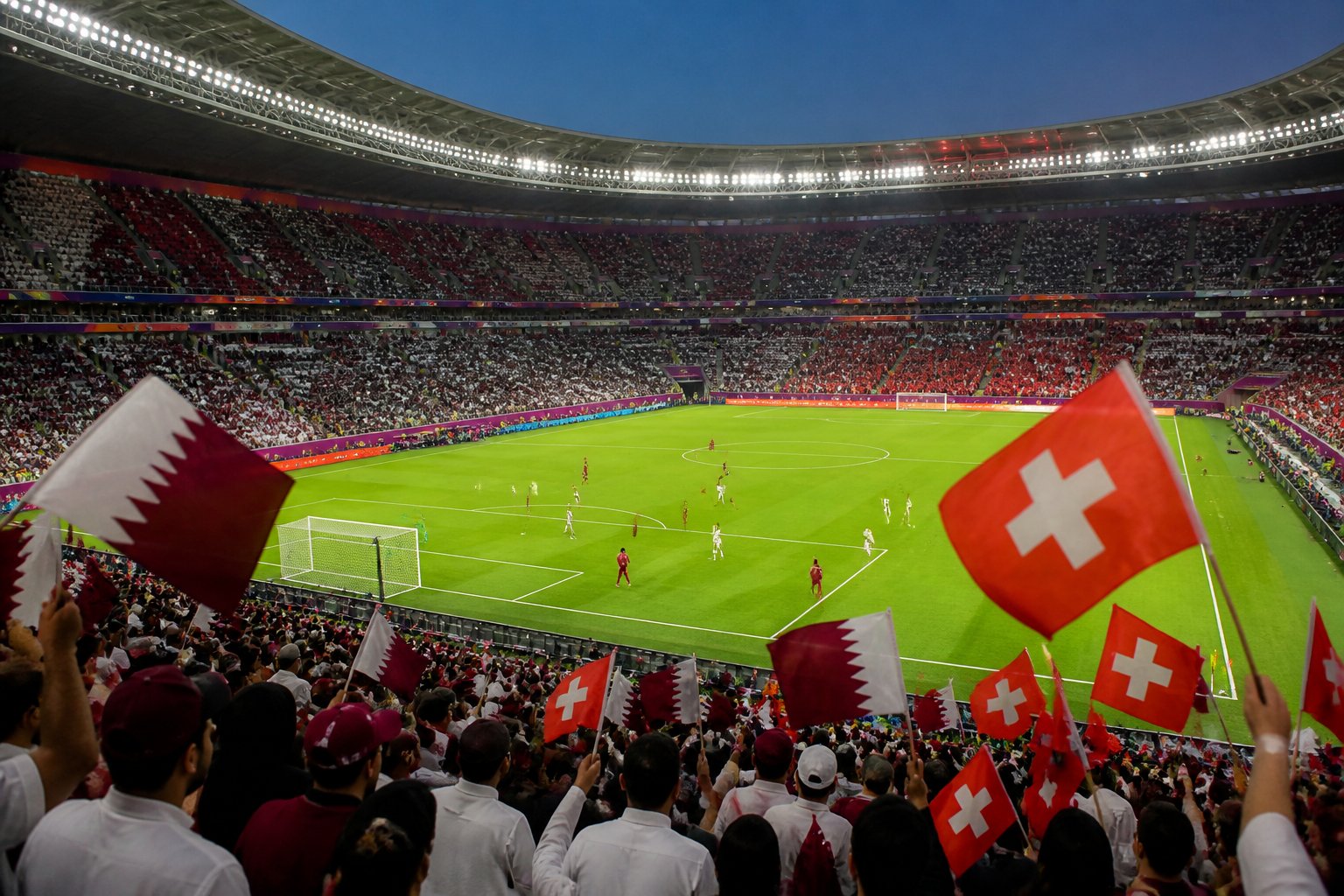 Katar ve İsviçre arasında Dünya Kupası maçında dolu bir stadyumda futbolcular ve taraftarlar yer alıyor.