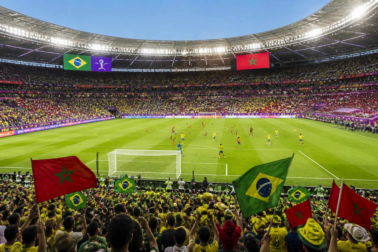 Brezilya ve Fas takımlarının maç yaptığı, dolu tribünlerin olduğu büyük bir futbol stadyumu.