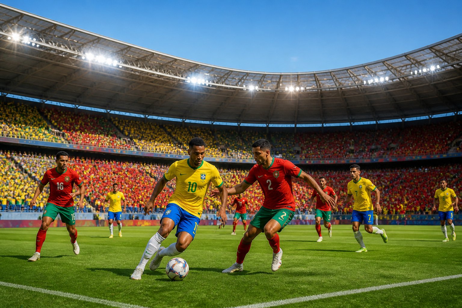 Brezilya ve Fas futbol takımları, dolu bir stadyumda Dünya Kupası maçında mücadele ediyor.