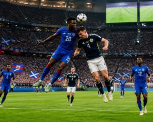 Haiti ve İskoçya futbol takımları arasında Dünya Kupası maçında topa hava topu mücadelesi veren iki oyuncu, tribünlerde taraftarlar.