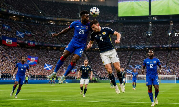 Haiti ve İskoçya futbol takımları arasında Dünya Kupası maçında topa hava topu mücadelesi veren iki oyuncu, tribünlerde taraftarlar.