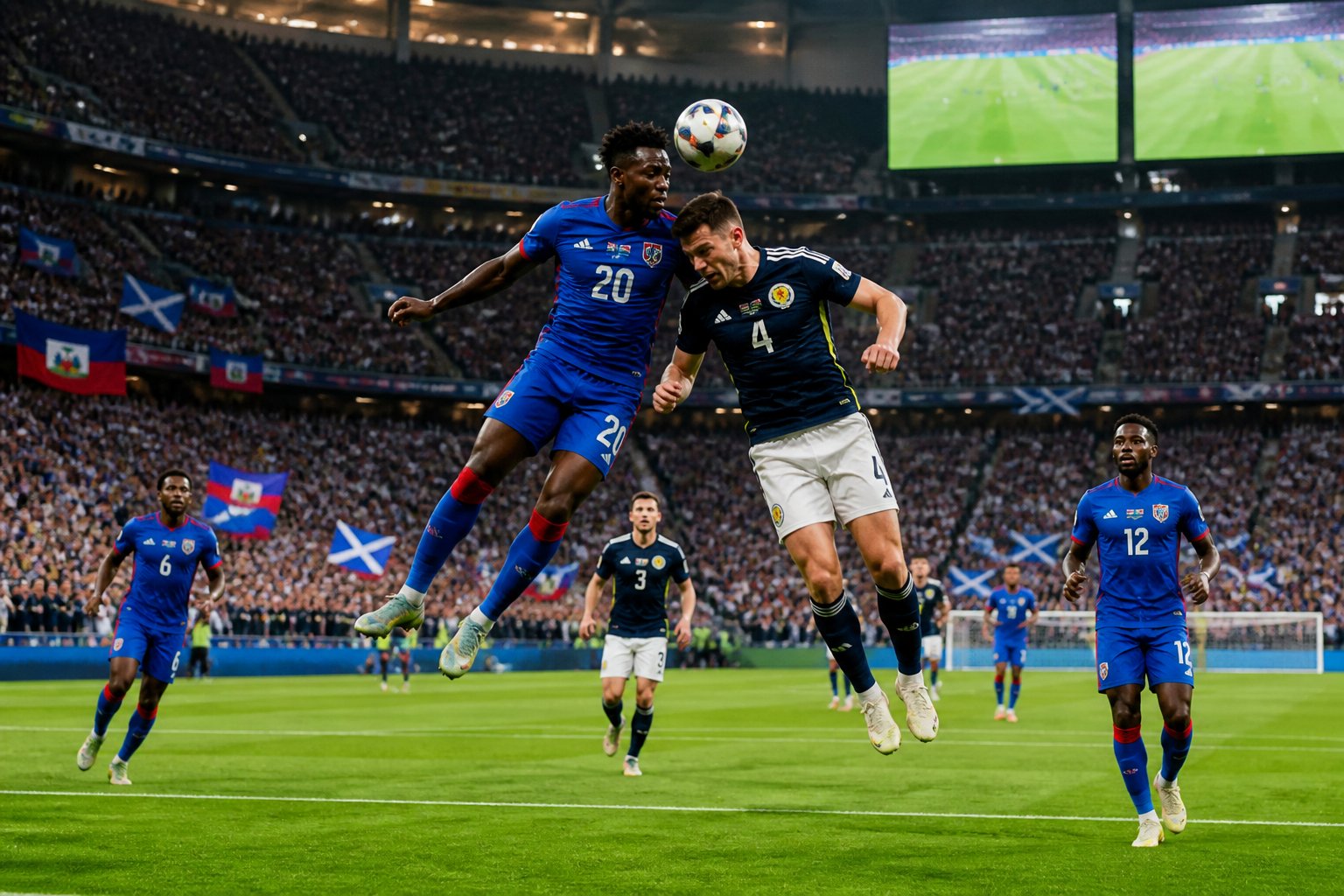 Haiti ve İskoçya futbol takımları arasında Dünya Kupası maçında topa hava topu mücadelesi veren iki oyuncu, tribünlerde taraftarlar.