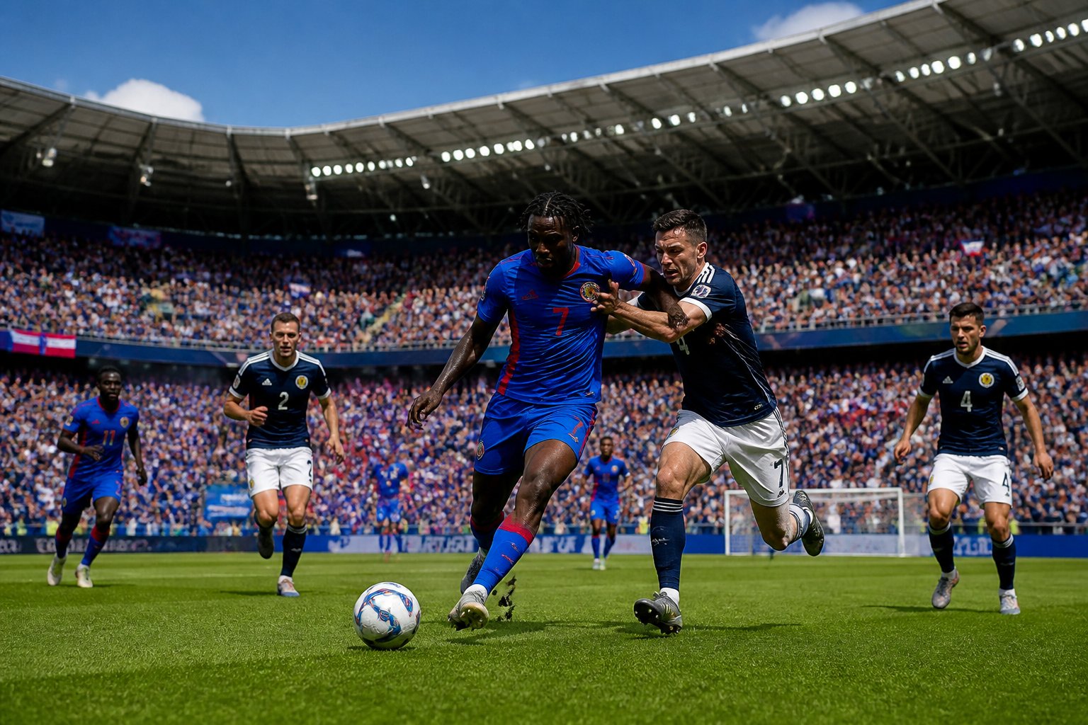 Haiti ve İskoçya arasında geçen bir Dünya Kupası futbol maçında, dolu bir stadyumda oyuncular top için mücadele ediyor.