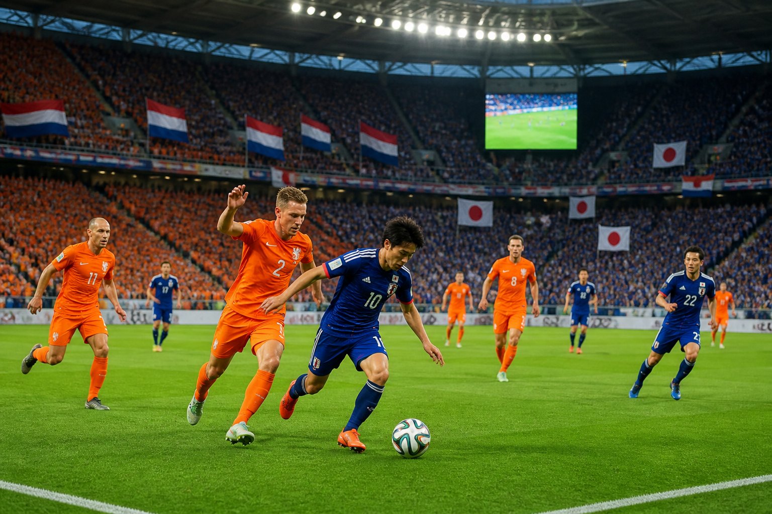 Hollanda ve Japonya takımlarının Dünya Kupası maçında oynadığı, dolu bir stadyumda futbolcuların sahada mücadele ettiği bir sahne.