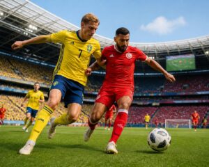 İsveç ve Tunus futbolcuları, Dünya Kupası maçında top için mücadele ediyor.