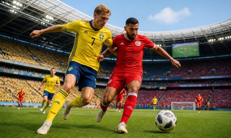 İsveç ve Tunus futbolcuları, Dünya Kupası maçında top için mücadele ediyor.