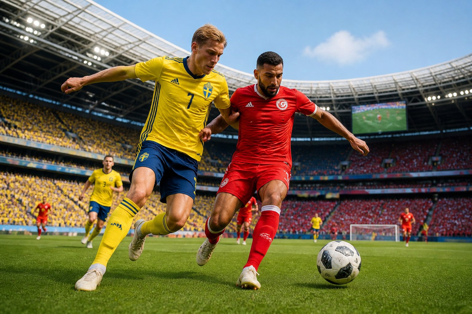 İsveç ve Tunus futbolcuları, Dünya Kupası maçında top için mücadele ediyor.