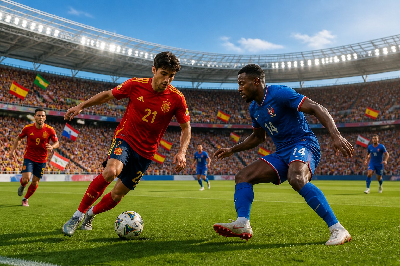 İspanya ve Yeşil Burun Adaları arasında bir Dünya Kupası futbol maçı, oyuncular top için mücadele ediyor, tribünlerde taraftarlar bayraklarla destek veriyor.