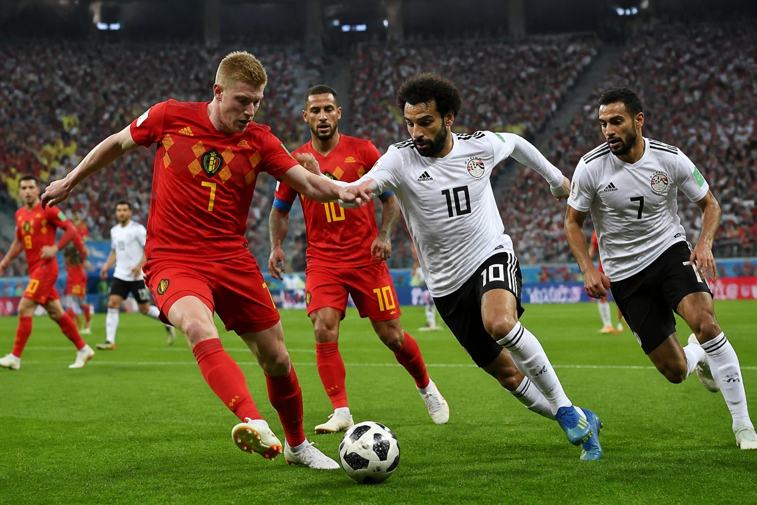 Belçika ve Mısır takımları arasında bir Dünya Kupası futbol maçı sırasında oyuncular top için mücadele ediyor.