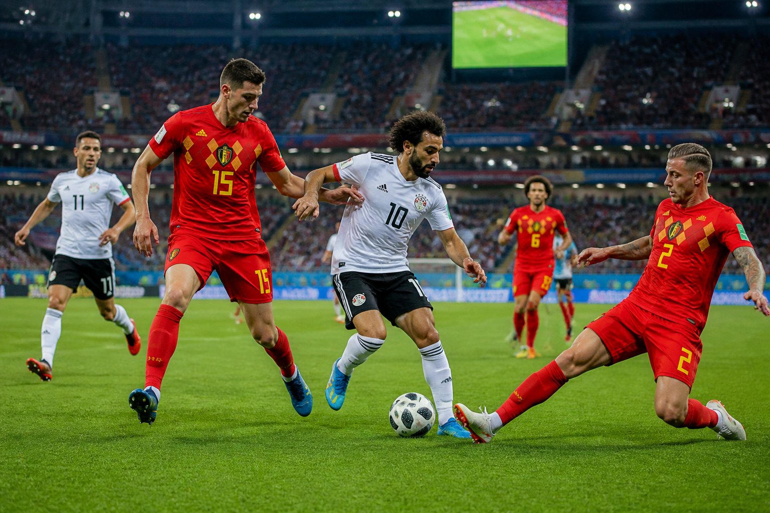 Belçika ve Mısır futbol takımları arasında bir Dünya Kupası maçında oyuncular sahada mücadele ediyor.