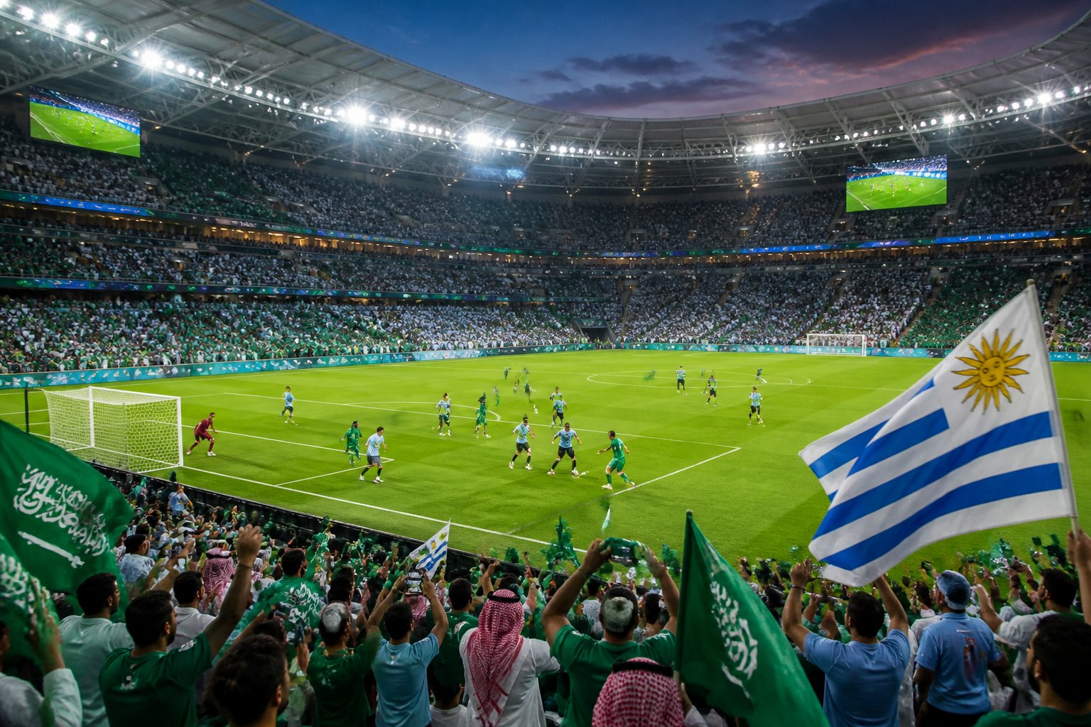 Suudi Arabistan ve Uruguay futbol takımlarının maç yaptığı, dolu bir stadyumda akşam saatlerinde oynanan futbol maçı sahnesi.