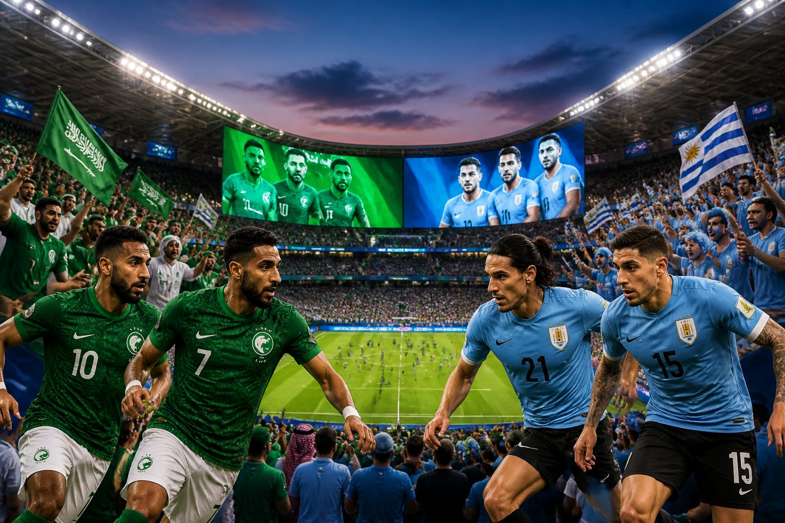 Suudi Arabistan ve Uruguay futbol takımlarının maç öncesi coşkulu stadyum atmosferi, taraftarlar ve oyuncular sahada.