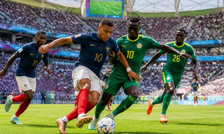 Fransa ve Senegal arasında bir Dünya Kupası maçında, iki futbolcu top için mücadele ediyor.