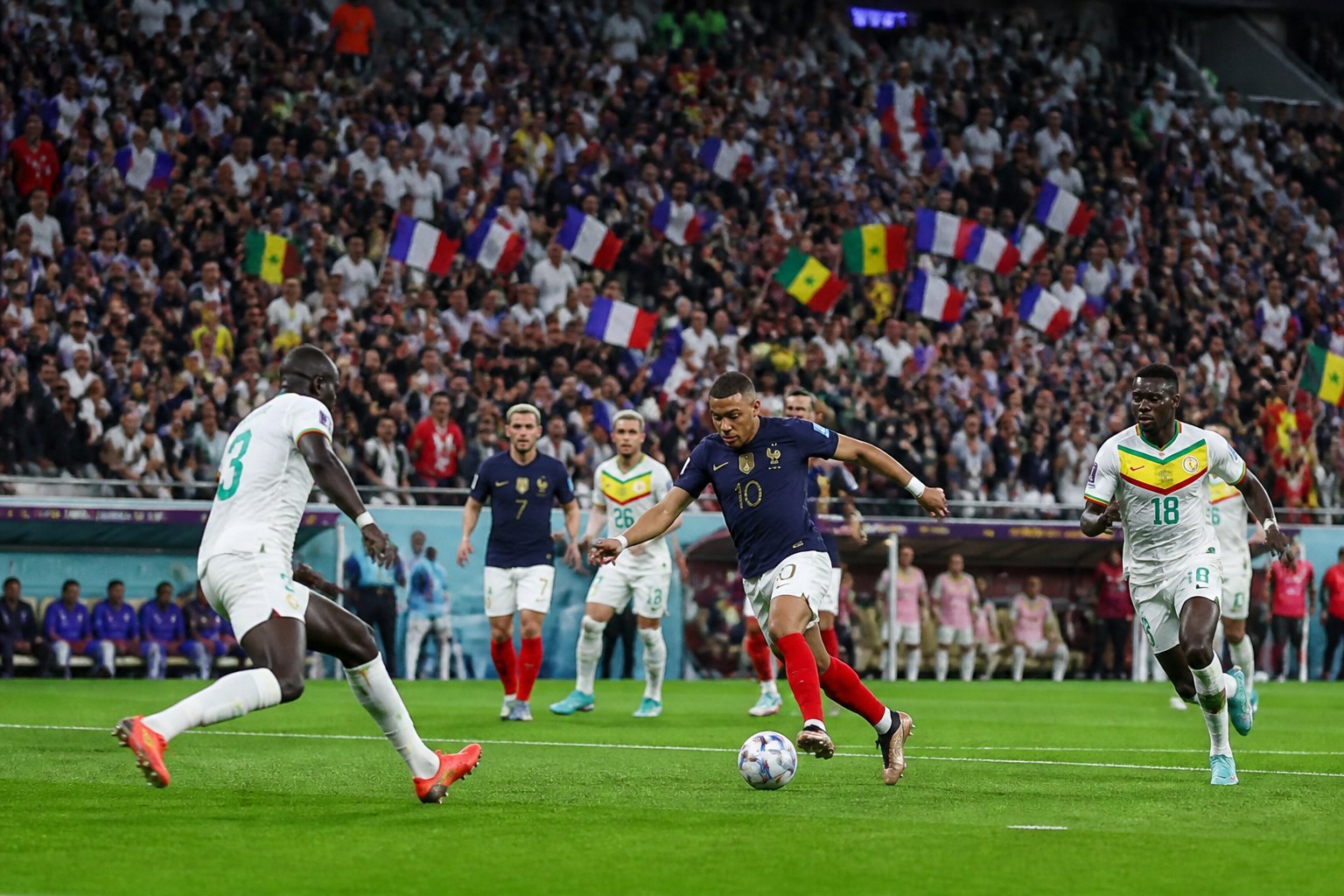 Fransa ve Senegal arasındaki Dünya Kupası maçında, kalabalık bir stadyumda futbolcular sahada mücadele ediyor.