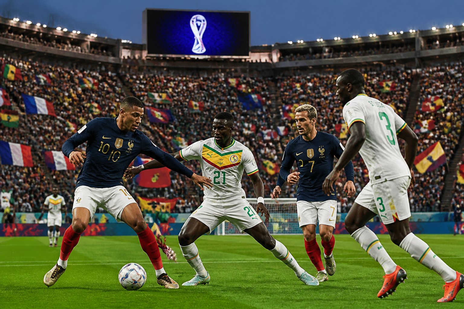 Fransa ve Senegal takımları arasında geçen bir Dünya Kupası futbol maçında stadyumda oynayan oyuncular ve tribünde tezahürat yapan taraftarlar.