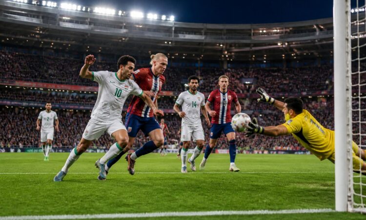 Irak ve Norveç milli takımları arasında Dünya Kupası maçında futbolcuların sahada mücadele ettiği, kalecinin topu kurtarmaya çalıştığı bir futbol maçı sahnesi.