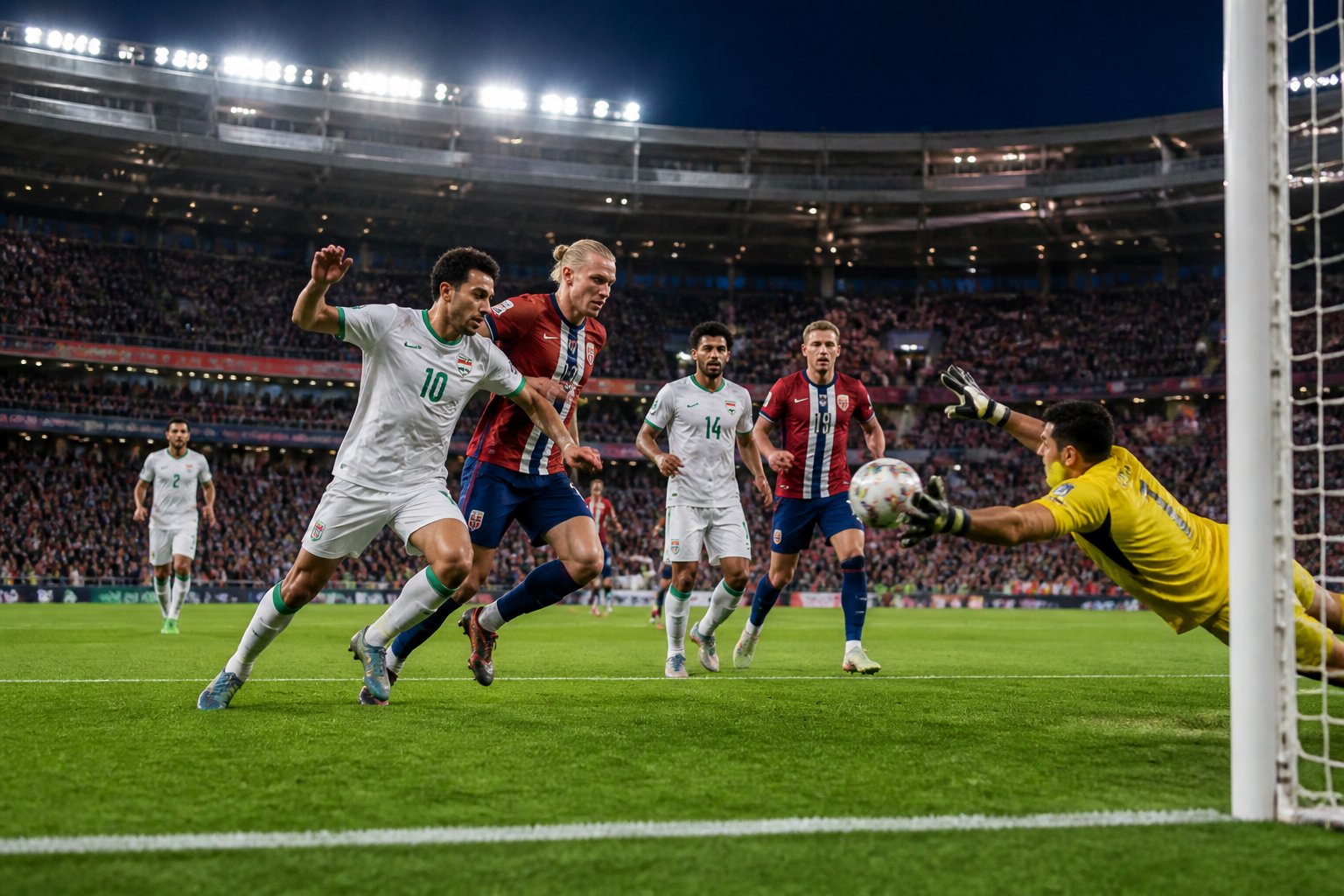 Irak ve Norveç milli takımları arasında Dünya Kupası maçında futbolcuların sahada mücadele ettiği, kalecinin topu kurtarmaya çalıştığı bir futbol maçı sahnesi.