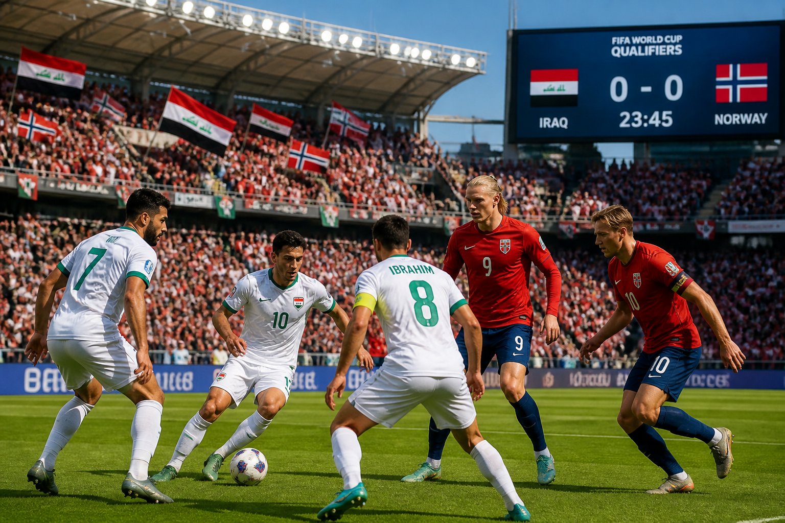 Irak ve Norveç takımlarının maç yaptığı, seyircilerle dolu bir futbol stadyumu.