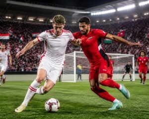 Avusturya ve Ürdün takımları arasında Dünya Kupası maçında iki futbolcu top için mücadele ediyor, tribünlerde taraftarlar ve bayraklar görünüyor.