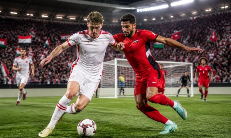 Avusturya ve Ürdün takımları arasında Dünya Kupası maçında iki futbolcu top için mücadele ediyor, tribünlerde taraftarlar ve bayraklar görünüyor.