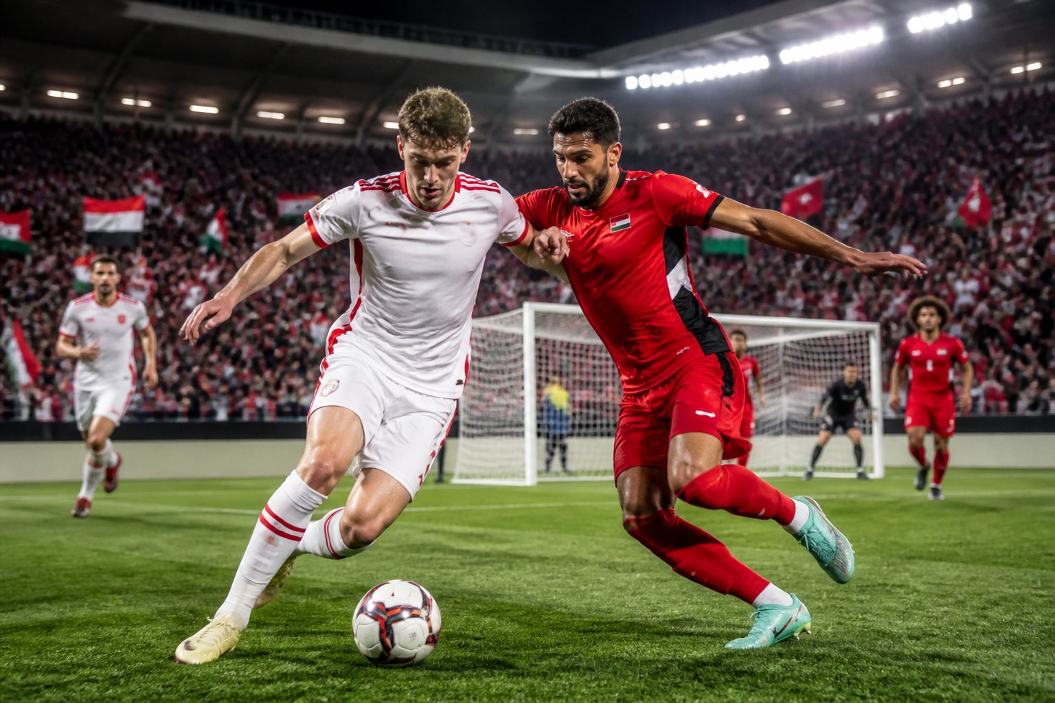 Avusturya ve Ürdün takımları arasında Dünya Kupası maçında iki futbolcu top için mücadele ediyor, tribünlerde taraftarlar ve bayraklar görünüyor.