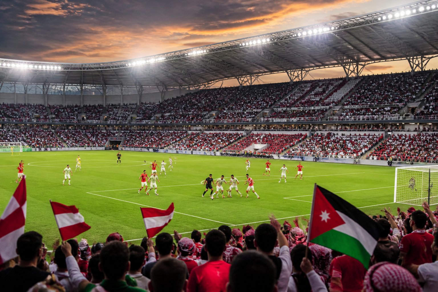 Avusturya ve Ürdün takımları arasında Dünya Kupası maçında büyük bir stadyumda oynanan futbol maçı sahnesi.