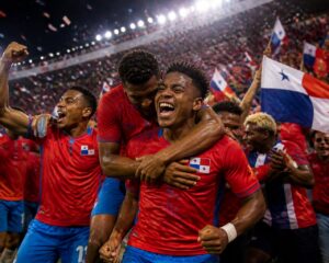 Panama futbol takımı, Dünya Kupası maçında sahada zaferini kutluyor, taraftarlar bayraklarla coşkulu şekilde destek veriyor.
