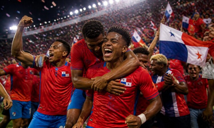 Panama futbol takımı, Dünya Kupası maçında sahada zaferini kutluyor, taraftarlar bayraklarla coşkulu şekilde destek veriyor.