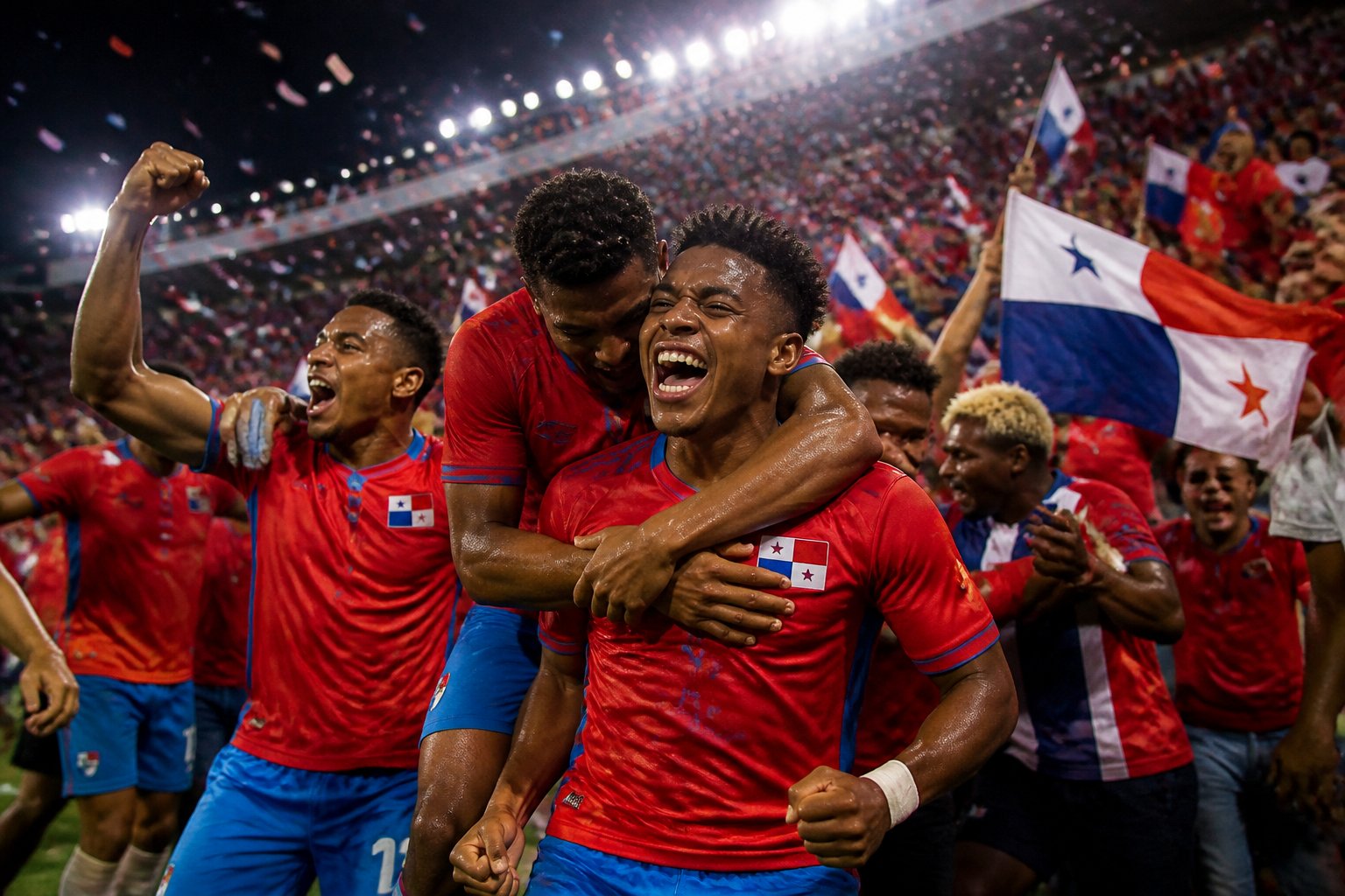 Panama futbol takımı, Dünya Kupası maçında sahada zaferini kutluyor, taraftarlar bayraklarla coşkulu şekilde destek veriyor.