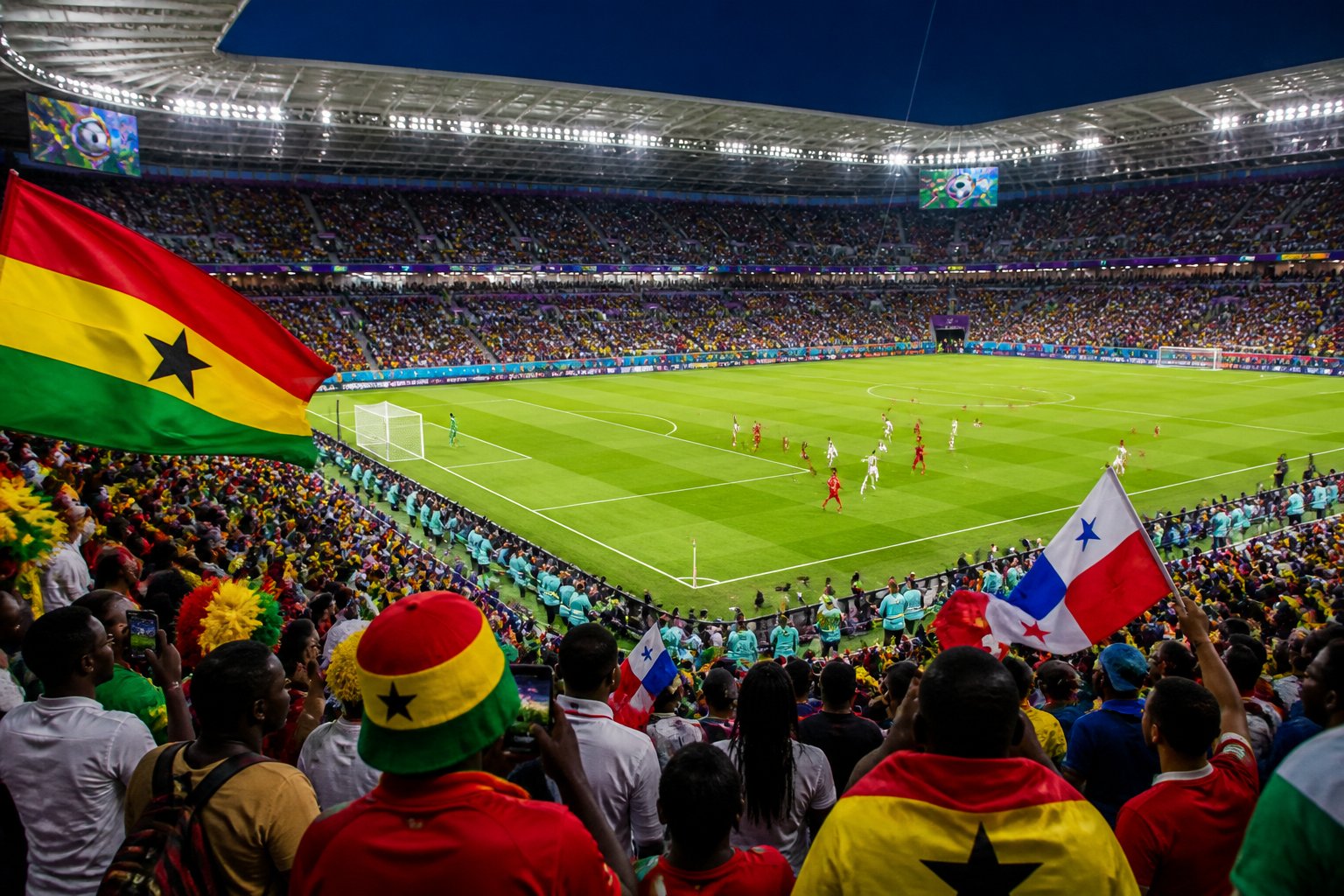 Gana ve Panama Dünya Kupası maçında dolu bir stadyumda futbol oynanıyor, taraftarlar takımlarını destekliyor.