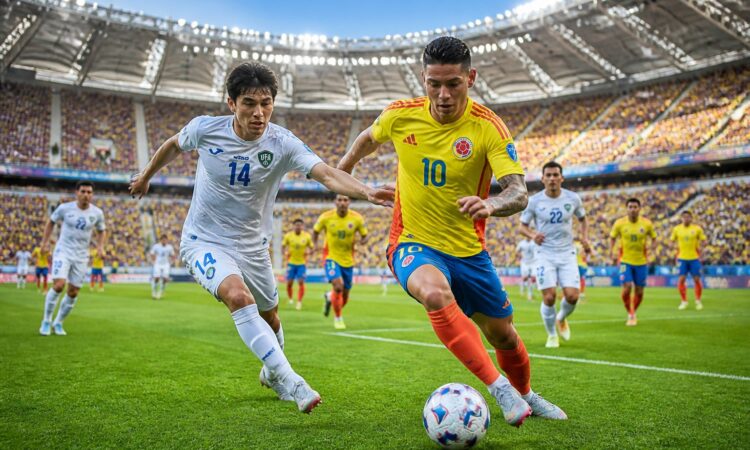 Özbekistan ve Kolombiya takımları arasında Dünya Kupası maçında futbolcular mücadele ediyor.