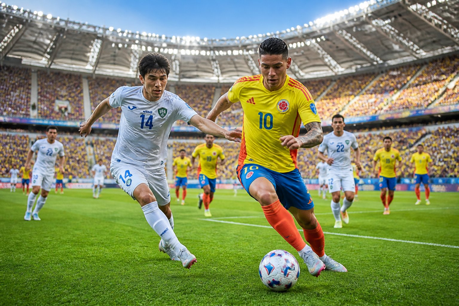 Özbekistan ve Kolombiya takımları arasında Dünya Kupası maçında futbolcular mücadele ediyor.