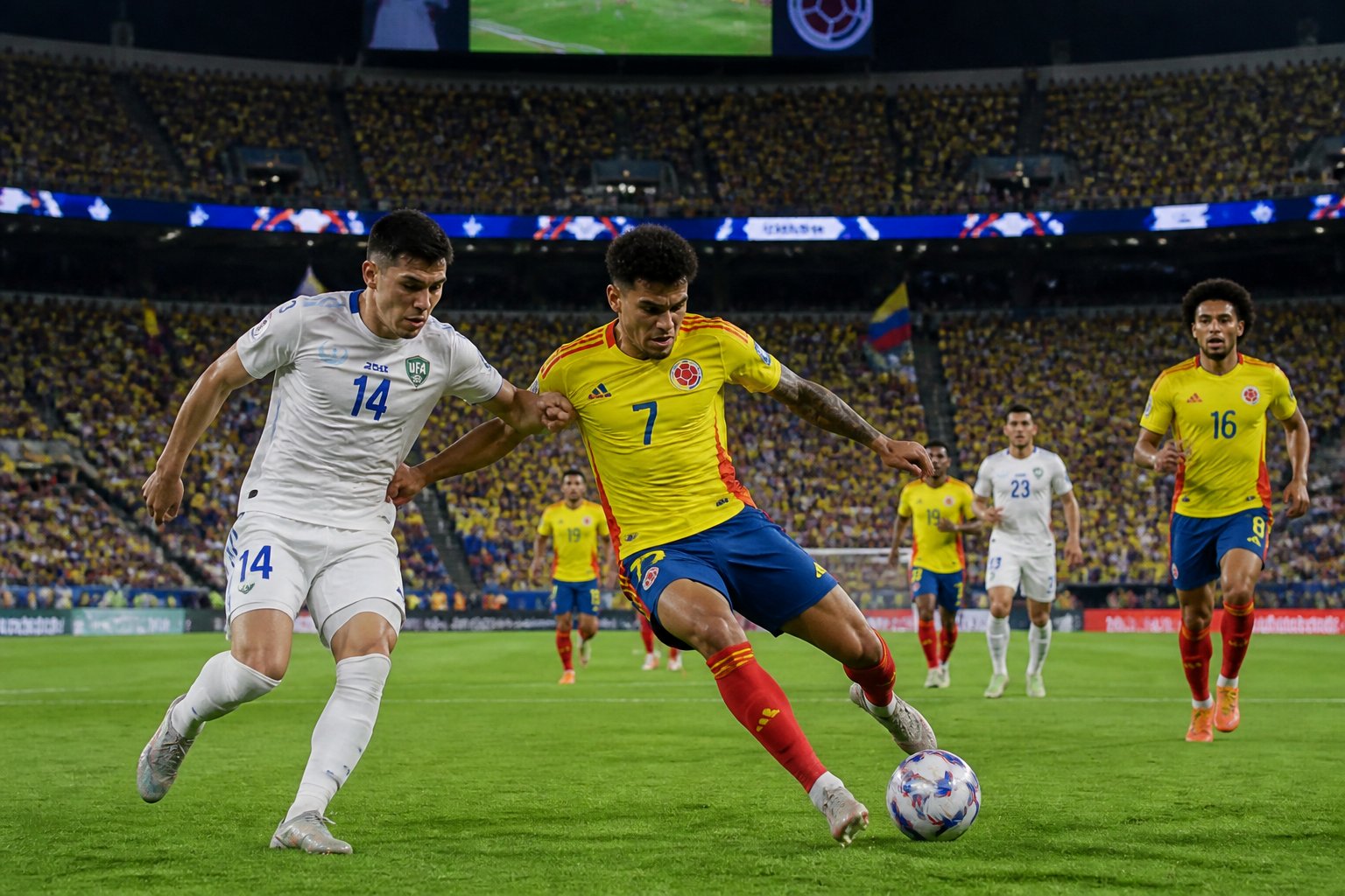 Özbekistan ve Kolombiya futbol takımları arasında Dünya Kupası maçında sahada mücadele eden oyuncular ve tribünlerde tezahürat yapan seyirciler.