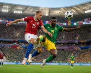 Çek Cumhuriyeti ve Güney Afrika takımlarının futbolcuları, kalabalık bir stadyumda Dünya Kupası maçında top için mücadele ediyor.
