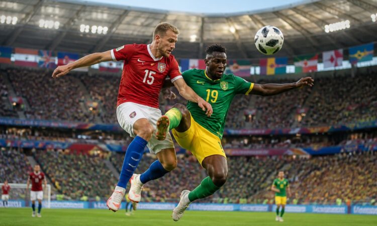Çek Cumhuriyeti ve Güney Afrika takımlarının futbolcuları, kalabalık bir stadyumda Dünya Kupası maçında top için mücadele ediyor.