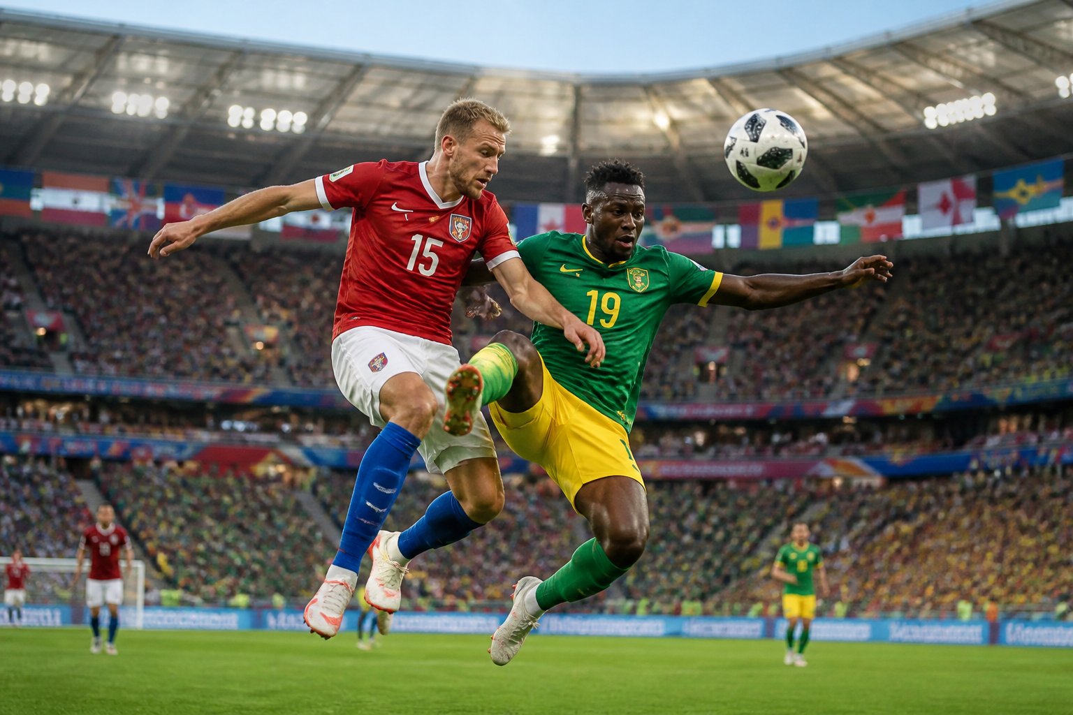 Çek Cumhuriyeti ve Güney Afrika takımlarının futbolcuları, kalabalık bir stadyumda Dünya Kupası maçında top için mücadele ediyor.