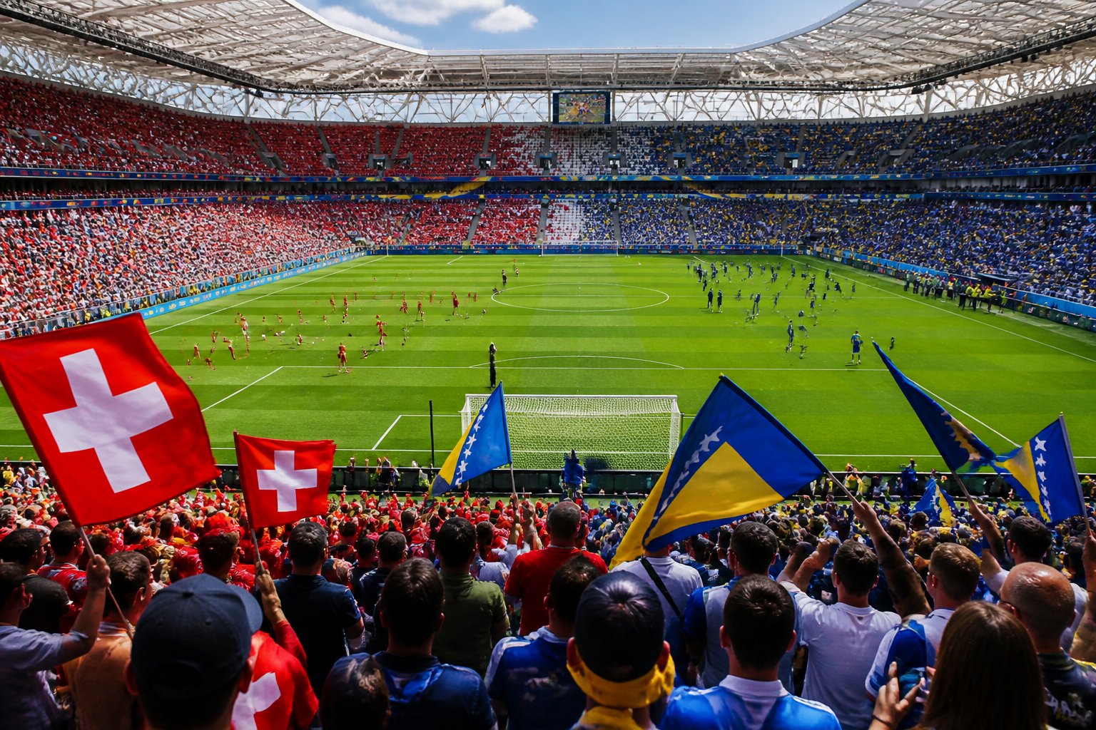 İsviçre ve Bosna Hersek takımlarının maç öncesi hazırlık yaptığı, taraftarların bayraklarla dolu stadyumda olduğu bir futbol sahnesi.