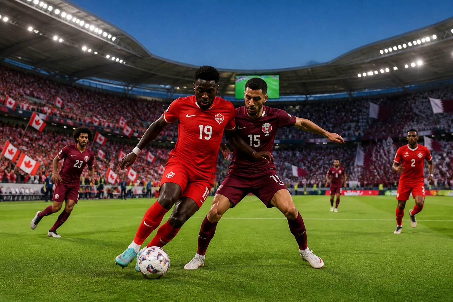 Kanada ve Katar takımları arasında bir Dünya Kupası futbol maçı sırasında sahada mücadele eden oyuncular ve dolu tribünler.