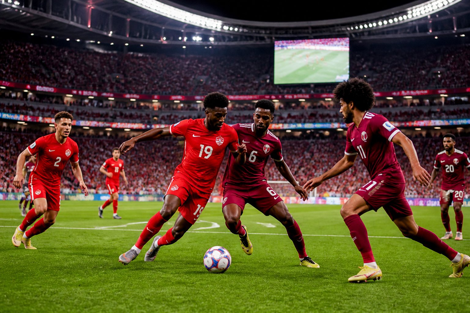 Kanada ve Katar takımlarının futbol maçında mücadele ettiği, dolu bir stadyumda oynanan bir Dünya Kupası maçı sahnesi.