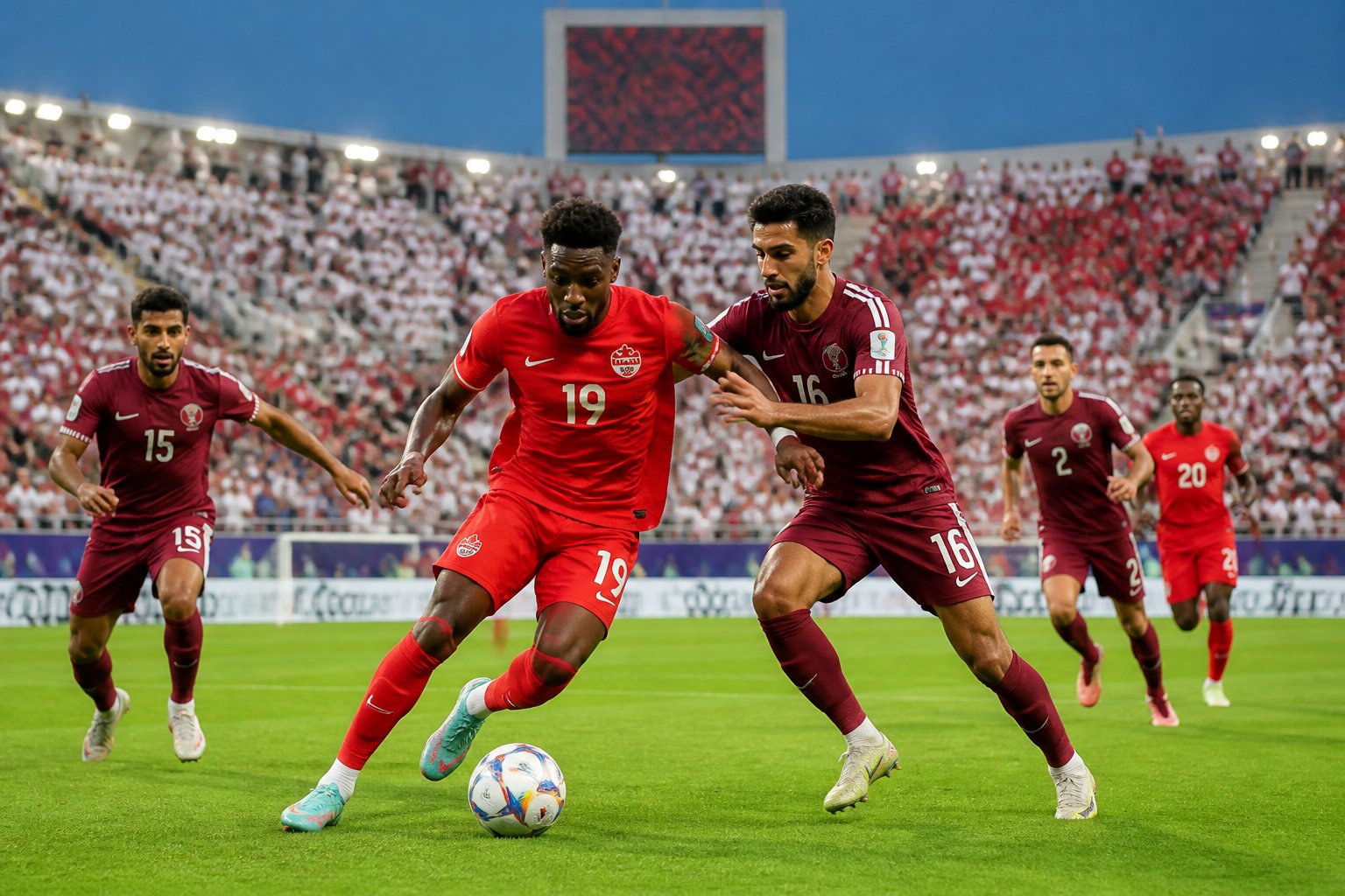 Kanada ve Katar futbol takımlarının maç yaptığı, dolu bir stadyumda geçen heyecanlı bir futbol karşılaşması.