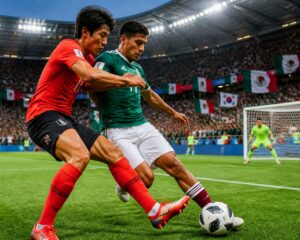 Meksika ve Güney Kore milli takımları arasında Dünya Kupası maçında top için mücadele eden iki futbolcu ve dolu tribünler.