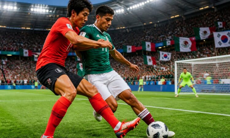 Meksika ve Güney Kore milli takımları arasında Dünya Kupası maçında top için mücadele eden iki futbolcu ve dolu tribünler.