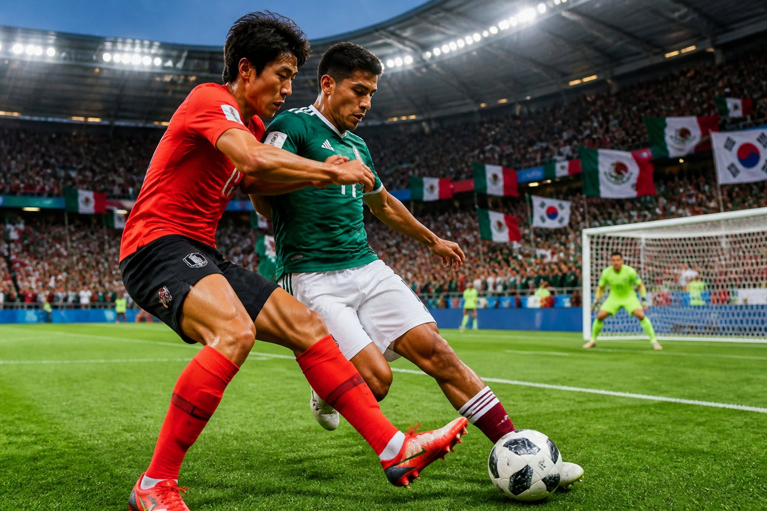 Meksika ve Güney Kore milli takımları arasında Dünya Kupası maçında top için mücadele eden iki futbolcu ve dolu tribünler.