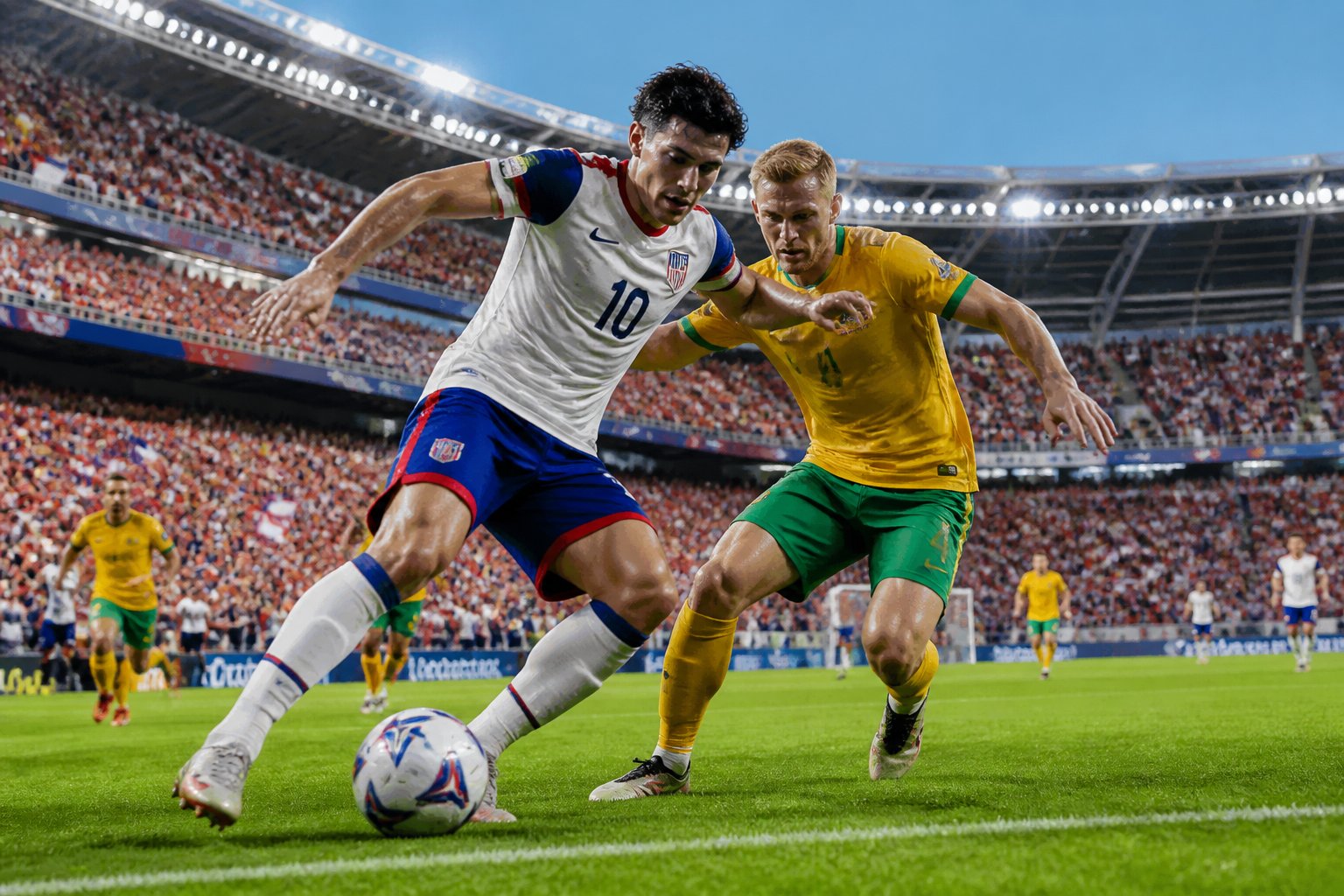 ABD ve Avustralya futbol takımları arasında 2026 FIFA Dünya Kupası maçında oyuncular sahada mücadele ediyor.