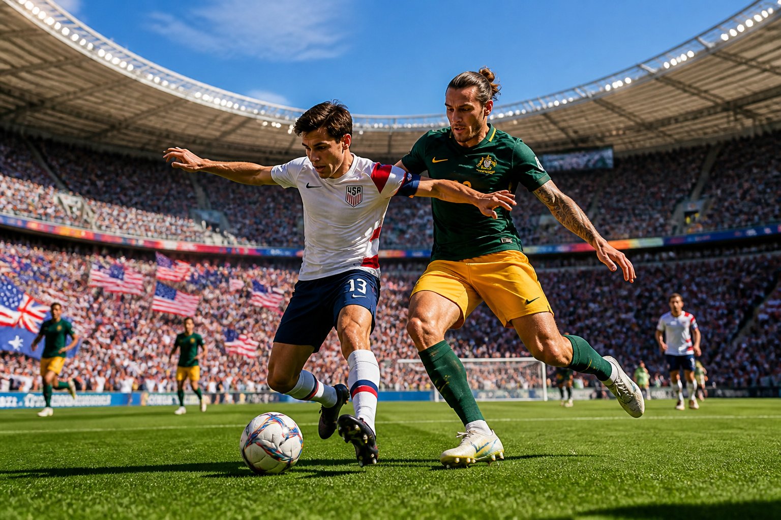ABD ve Avustralya milli takımlarının Dünya Kupası maçında sahada mücadele eden futbolcular ve tribünde tezahürat yapan seyirciler.